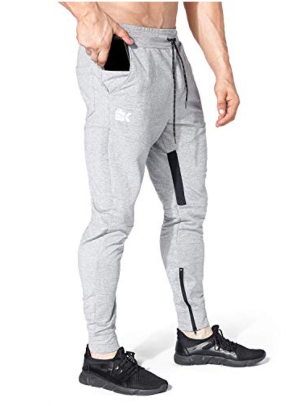 Mens Gym Sweatpants Zip Pocket Tapered Jogging Track Pants